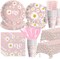Daisy 1st Birthday Decorations Party Tableware Set, Groovy Retro Floral Daisy First Birthday Party Supplies, Paper Plate, Napkin, Cup, Tablecloth, Disposable Cutlery | Serves 24